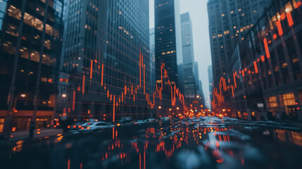 City skyscrapers with financial charts overlay, representing real estate and investing concepts, modern financial landscape.