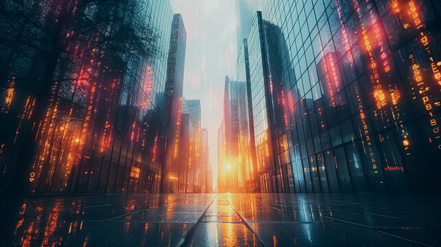 City skyscrapers with financial charts overlay, representing real estate and investing concepts, modern financial landscape.