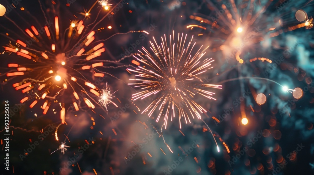 Poster A pair of fireworks exploding in the night sky with colorful sparks and lights