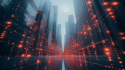 Fototapeta premium Financial charts overlaying city skyscrapers, illustrating real estate and investing themes in a modern urban environment.