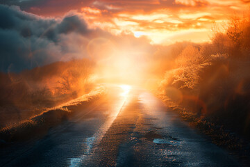 Fototapeta premium Empty asphalt road and modern city skyline with building scenery at sunset. high angle view.