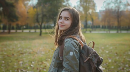A woman stands in a park wearing a backpack, ready for her next adventure