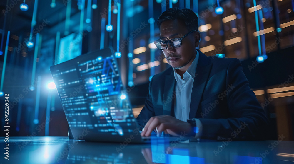 Poster businessman using ai technology for cybersecurity enhances threat detection and response capabilitie