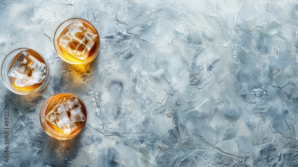 Poster scotch on ice in two glasses on gray stone background with space for text