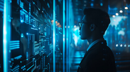 Obraz premium Businessman using AI technology for cybersecurity enhances threat detection and response capabilities