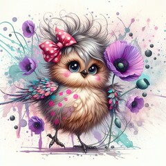 Obraz premium Cute Cartoon Bird with Pink Bow and violet Poppy
