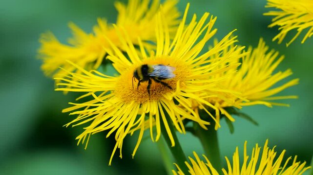 A bumblebee collects nectar from a bright yellow flower of an Inula plant.
