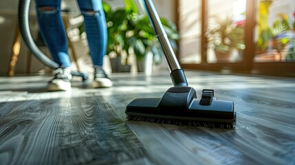 Housework and housekeeping concept. Woman vacuuming laminate floor with thick pile
