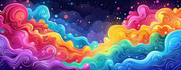 Abstract background vector illustration, in the style of a cartoon, colorful waves, clouds and bubbles