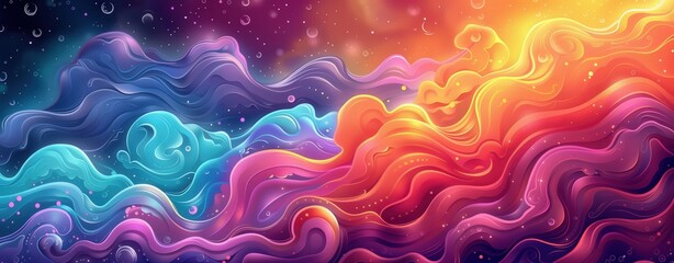 Abstract background vector illustration, in the style of a cartoon, colorful waves, clouds and bubbles