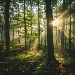 Sunlight streaming through a dense forest, casting golden rays and illuminating the lush green foliage, creating a serene and magical atmosphere.