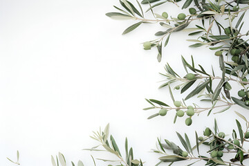Pattern with green olives and olives tree leaves and branches on white background, copy space in center. Olive tree fruits and branches, top view or flat lay.