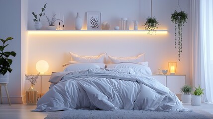 Interior of light bedroom with shelf units and glowing lamps white background 