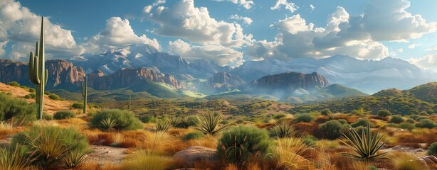 Obraz premium arizona desert with cacti and mountains in the background