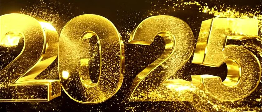 Festive Happy New Year 2025 Golden Glossy Metal Texture Lettering Design Shimmering Particles Reveal. Golden particles. Celebration,Festive 4k video