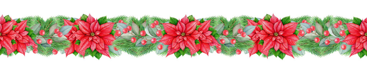 Winter season vintage style festive seamless border. Watercolor illustration. Christmas time painted decoration seamless border with poinsettia flower, conifer, eucalyptus, berries. White background