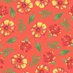 Marigold Flower Seamless Pattern. Hand Drawn Floral Digital Paper on Red Background.