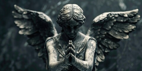 Fototapeta premium A bronze angel statue with hands clasped in prayer, ideal for faith-based or inspirational themes