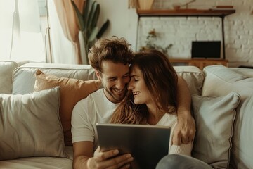 A pair of people relaxing together, browsing device