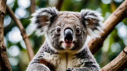 Obraz premium Image of a cute koala bear perched on a tree branch with greenery in the background.