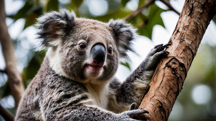 Fototapeta premium Image of a cute koala bear perched on a tree branch with greenery in the background.