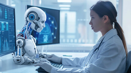 Side view doctor women using computer with AI artificial intelligence in modern medical technology and IOT automation.