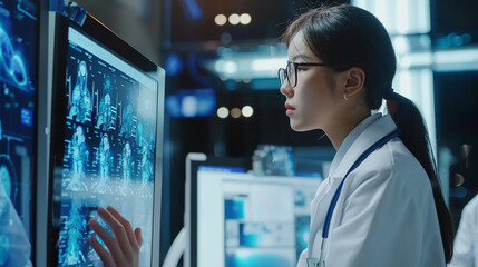 Side view doctor women using computer with AI artificial intelligence in modern medical technology and IOT automation.