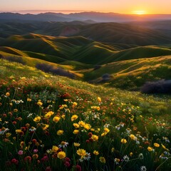 A vast meadow covered in wildflowers, basking in the warm light of the setting sun, with rolling hills stretching into the horizon.