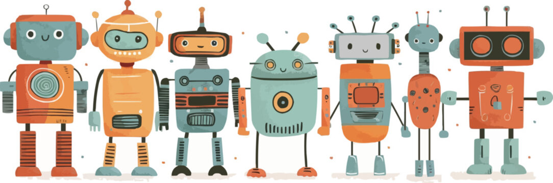 Toy robots on a white background. Vector flat minimalistic isolated illustration.
