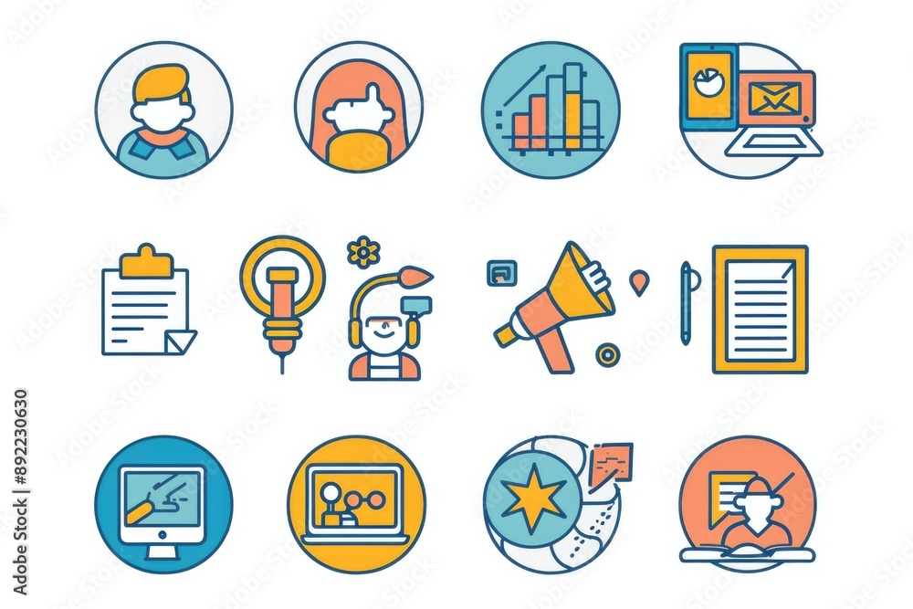 Poster a collection of colorful icons against a clean white background, ideal for use in infographics and p