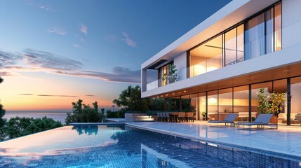 Fototapeta premium Luxury home with modern pool at sunrise, contemporary villa architecture, resort style hotel with beautiful interior and exterior design, backyard view, summer vacation and real estate concept