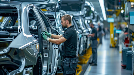 The engineer is inspecting the final fit and finish of vehicles.