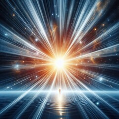 Obraz premium A sparkling light source above a silhouette of a man standing underneath.