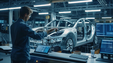 Fototapeta premium The engineer is monitoring the production of electric vehicle components.