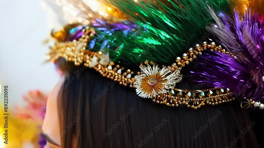Poster a womans hair is adorned with an array of colorful beads and feathers creating a statement headpiece