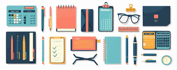 Office stationery on a plain white backdrop. Vector flat isolated illustration.