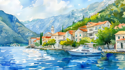 boat in the turquoise bay on the background of houses, greenery, sunny day, watercolor