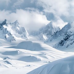 A pristine snowy landscape with towering peaks and deep snow drifts, illuminated by the bright winter sun.