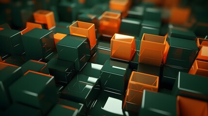 Obraz premium 3d rendering of green and orange abstract geometric background. Scene for advertising, technology, showcase, banner, game, sport, cosmetic, business, metaverse. Sci-Fi Illustration. Product display