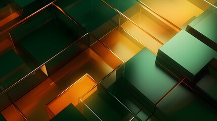 3d rendering of green and orange abstract geometric background. Scene for advertising, technology, showcase, banner, game, sport, cosmetic, business, metaverse. Sci-Fi Illustration. Product display