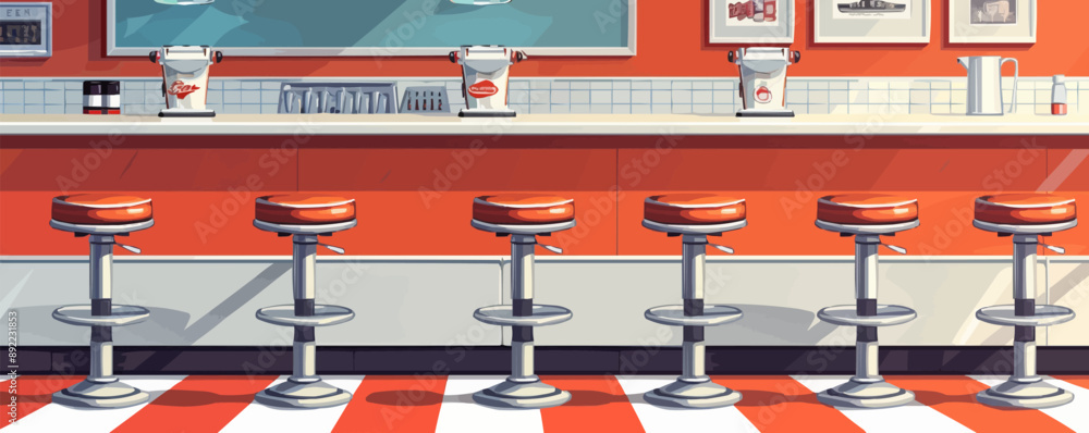 Poster retro diner counter with swivel stools vector flat minimalistic isolated illustration