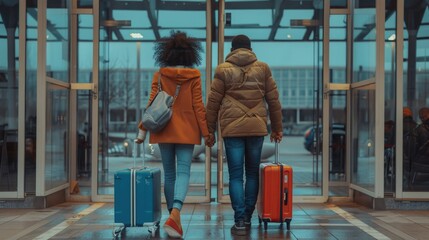 A couple stands together holding luggage, ready for travel