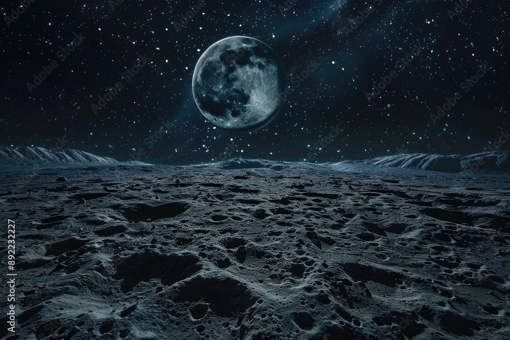 Poster a view of the moon's surface from below, showcasing its rocky terrain and lack of atmosphere