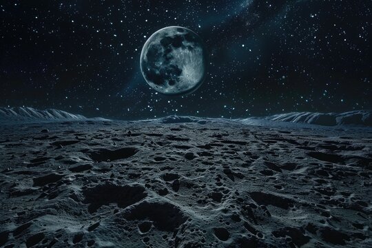 A view of the moon's surface from below, showcasing its rocky terrain and lack of atmosphere