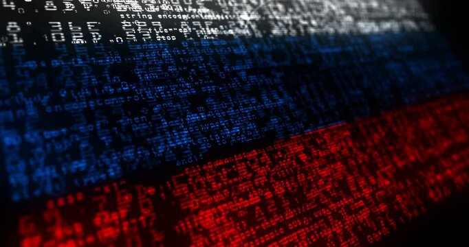 Russia USA flag waving secure code. Russian Federation blowing banner cyber security attack and hack concept animation.