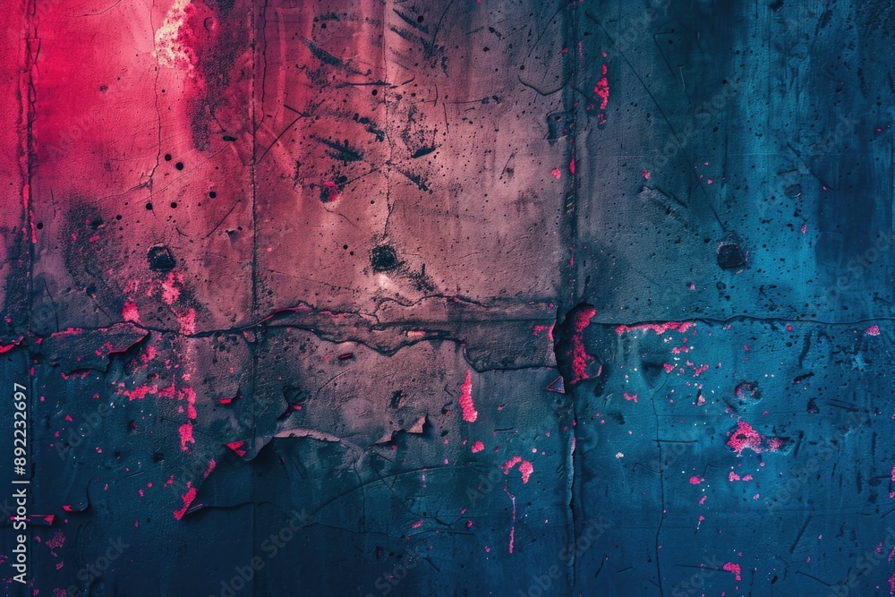 Poster a close-up of a red and blue wall with flaking paint, often used for textured backgrounds or abstrac