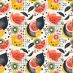 Colorful fruit slices pattern with geometric background