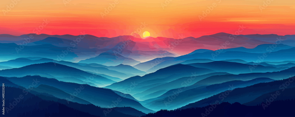 Poster a view from the top of a mountain with a magnificent sunset. vector flat minimalistic isolated illus