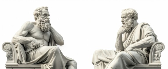 two ancient Greek philosopher statues isolated on a white background, 2D illustration in the style of high resolution