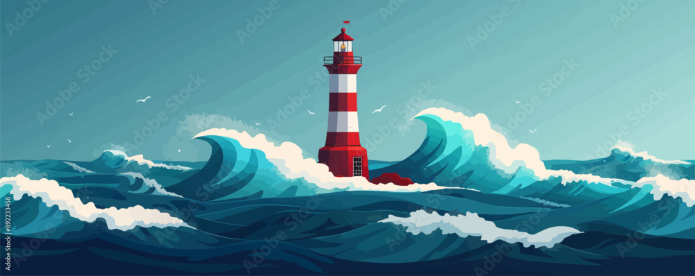 Poster abandoned lighthouse standing tall against crashing waves. vector flat minimalistic isolated illustr